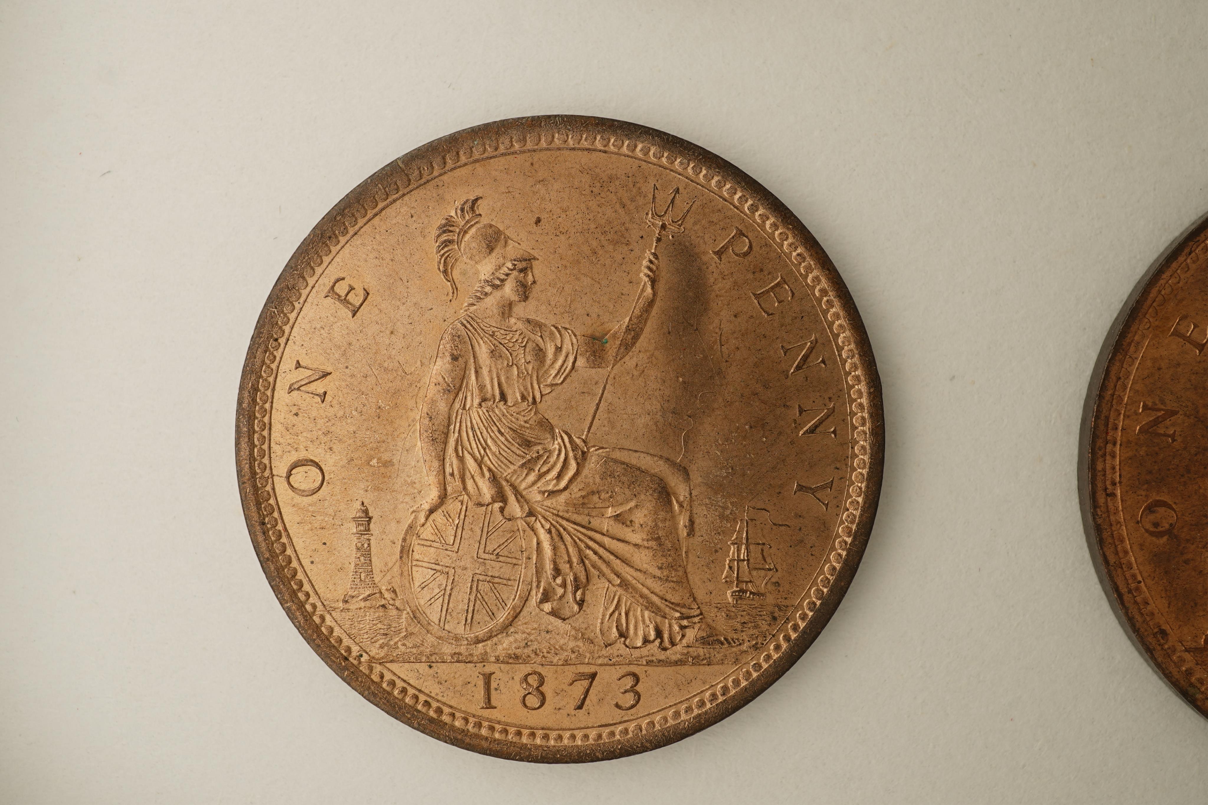 British coins, Victoria, three bronze pennies; 1872, Fr. 62, Gouby dies J/g, about EF, some lustre, 1873, Fr. 64, Gouby dies J/g, rim wear, die clash to Victoria’s neck, otherwise good EF, crisp reverse, much lustre, 187